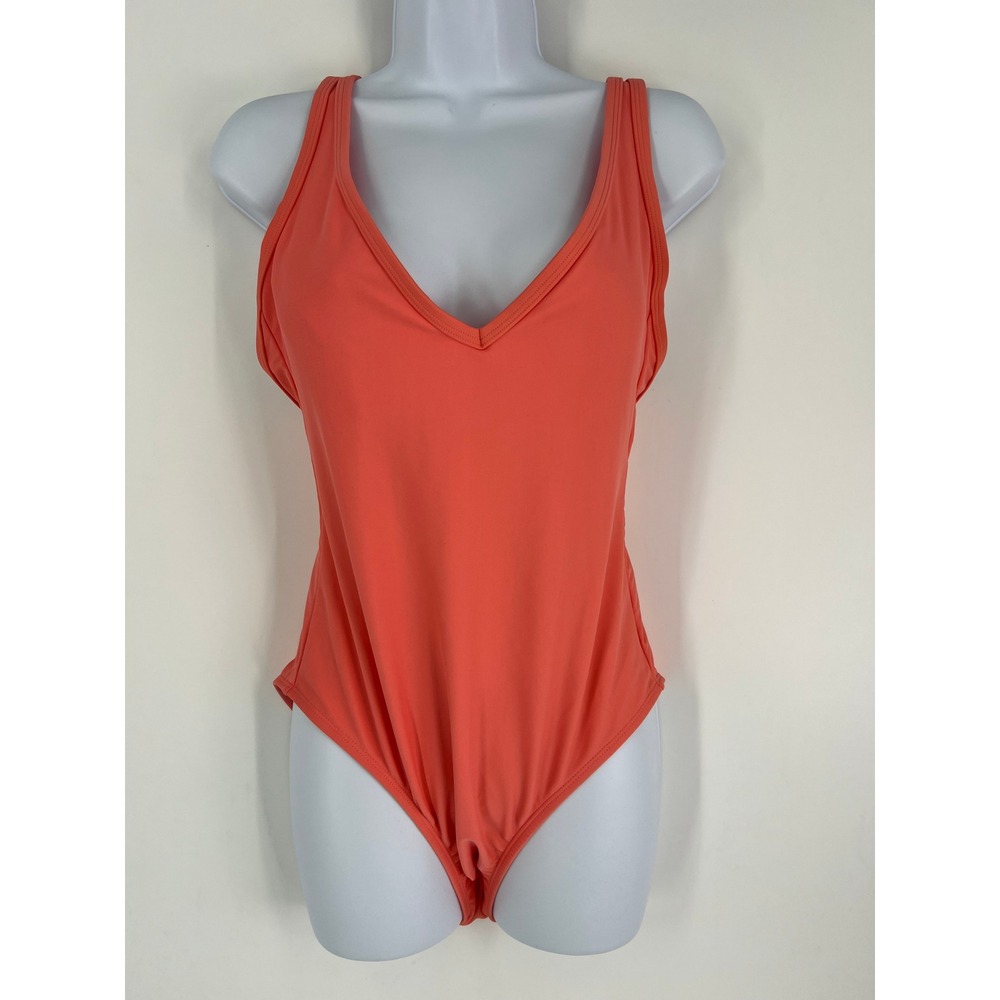Kona Sol Womens V-Neck One‎ Piece Swimsuit Coral Orange Adjustable Straps Size M